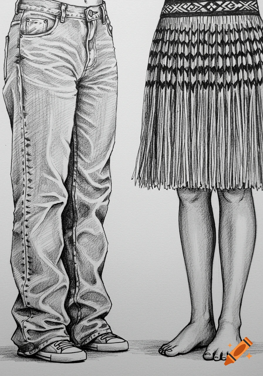 Black and white pencil sketch of two women's legs. One wears baggy jeans and sneakers, the other wears a traditional M 00e3ori piupiu skirt with bare feet.