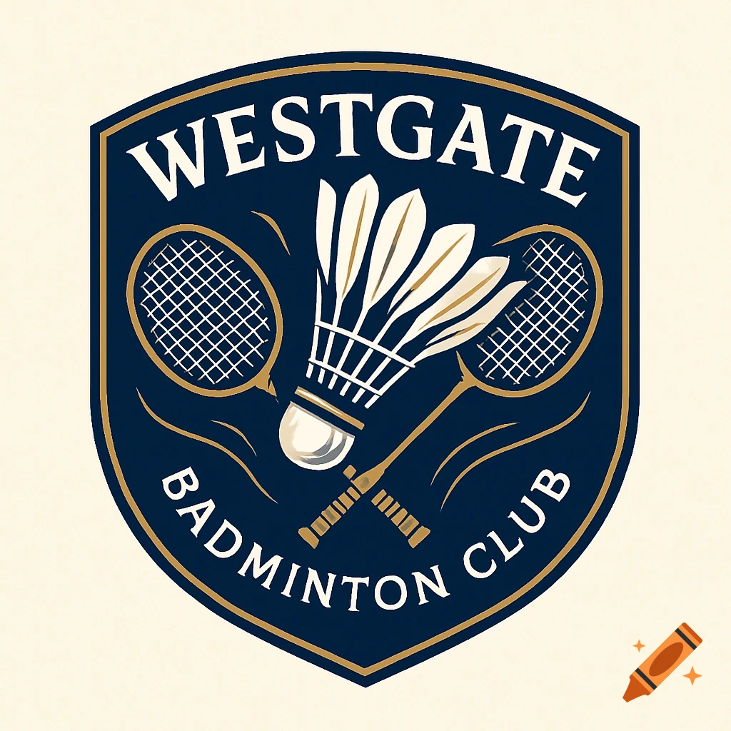 A shield-shaped logo for the Westgate Badminton Club, featuring crossed badminton rackets and a shuttlecock in blue, cream, and gold.