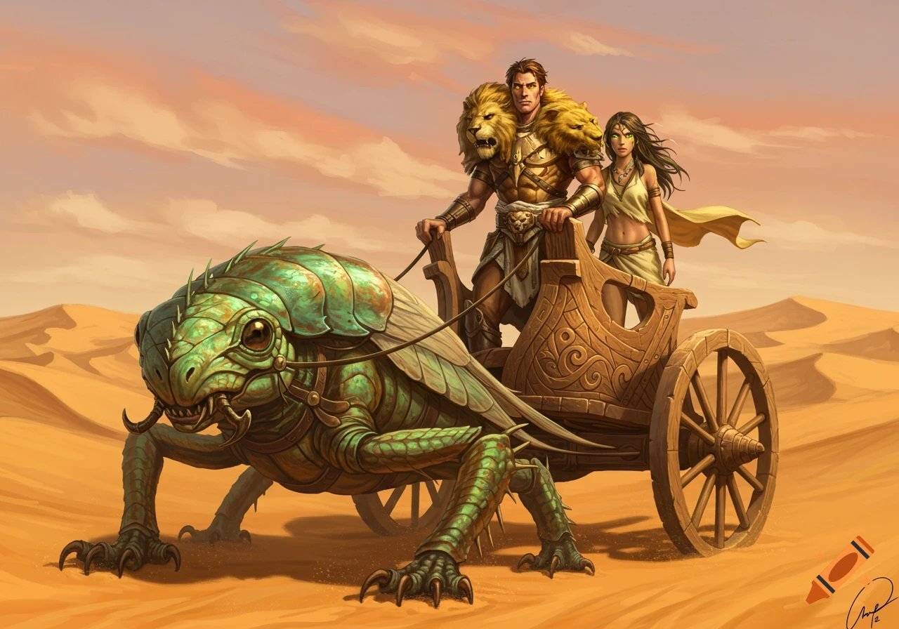A man in lion-hide armor and a woman in a desert outfit ride a wooden chariot pulled by a green bug-lizard hybrid across a sandy desert.