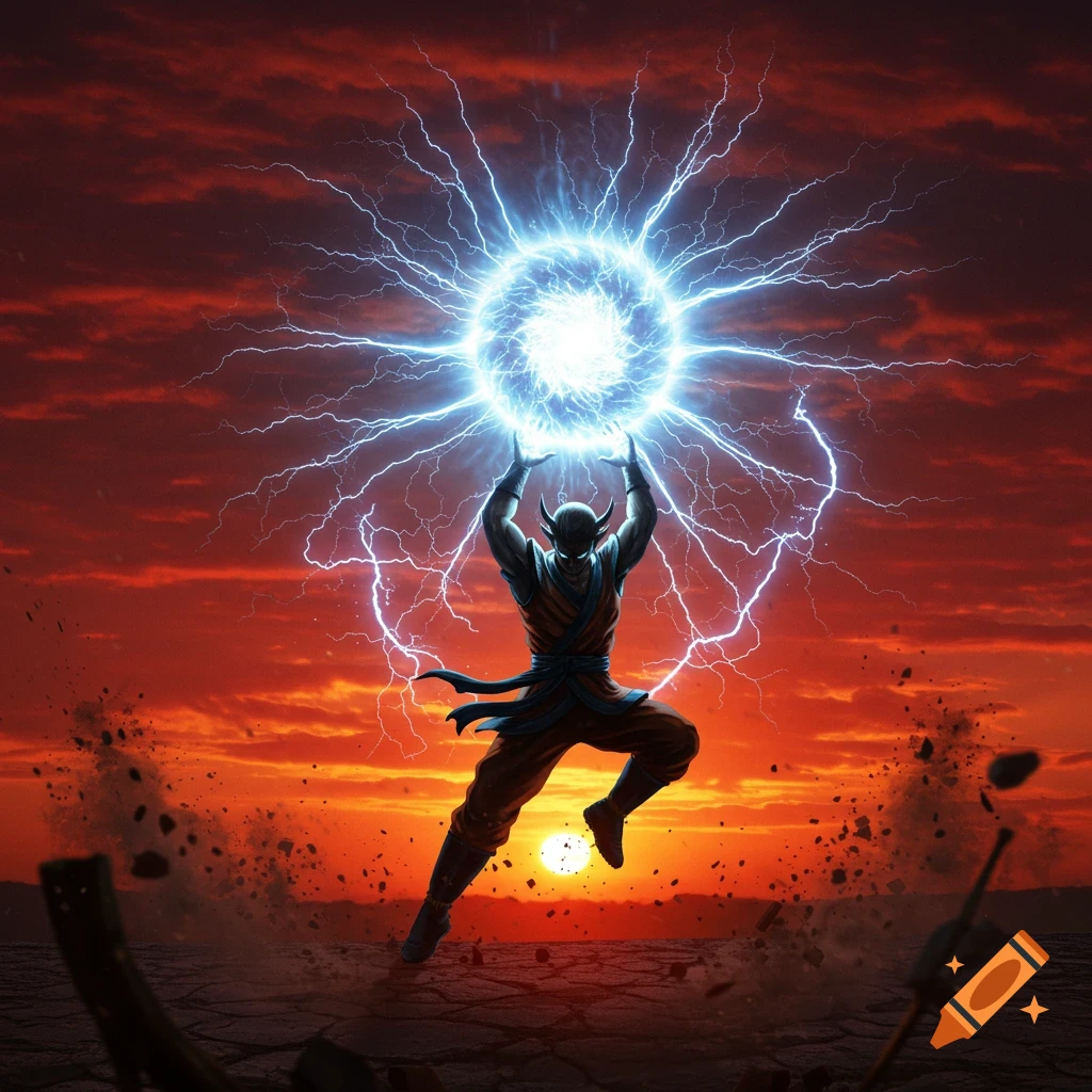 A warrior resembling Goku charges a radiant blue energy blast against a dramatic red and orange sunset sky.
