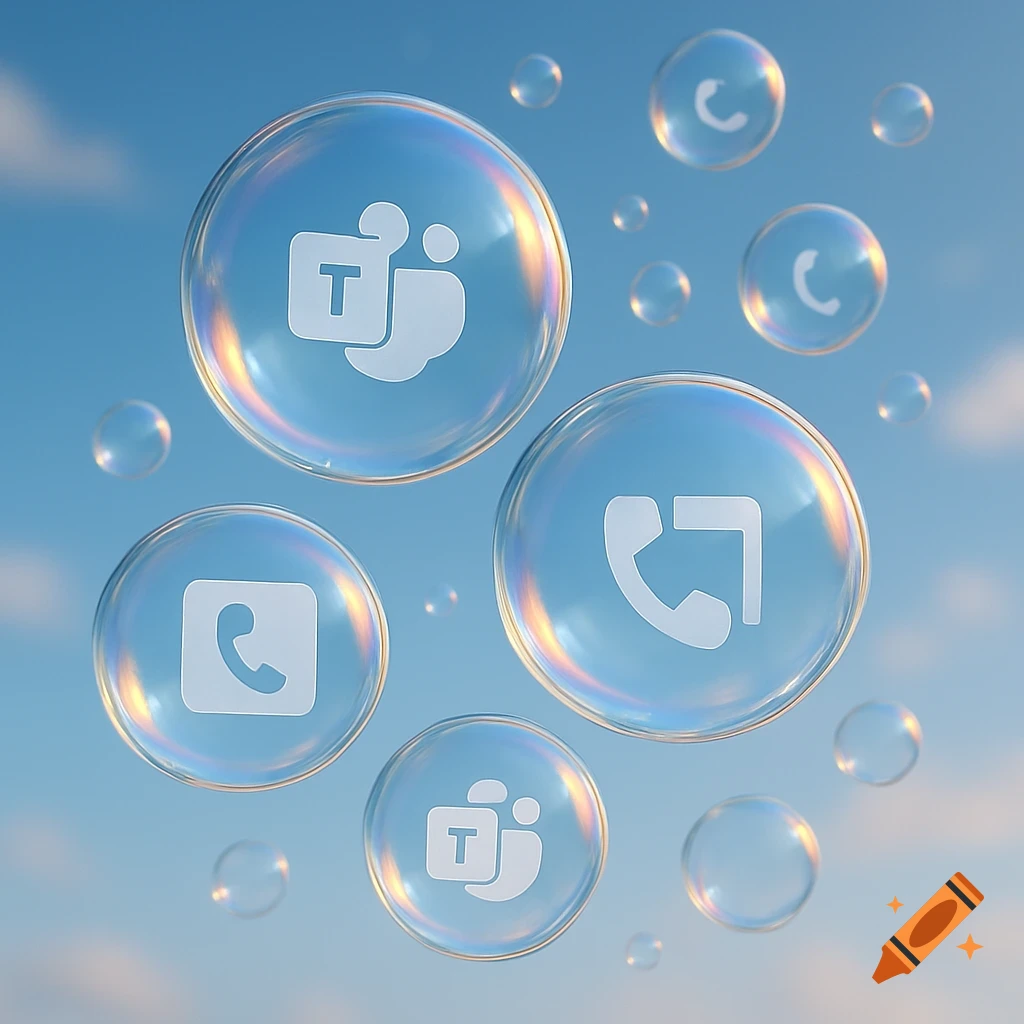 Floating soap bubbles containing Microsoft Teams and phone icons against a bright blue sky.
