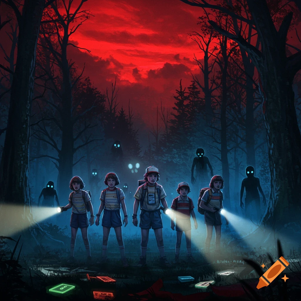 Illustrated image of five children with flashlights in a dark, eerie forest with a red sky and shadowy figures.
