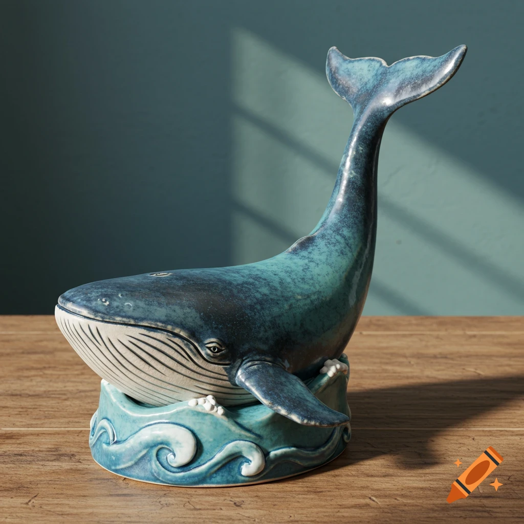 A blue and white ceramic whale sculpture with its tail arched up, standing on an ocean wave base on a wooden table.