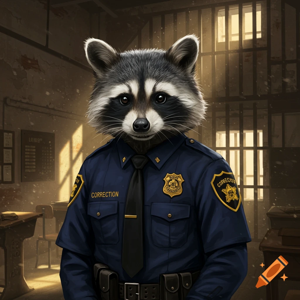 A photorealistic raccoon dressed in a corrections officer uniform stands in a dimly lit prison cell.