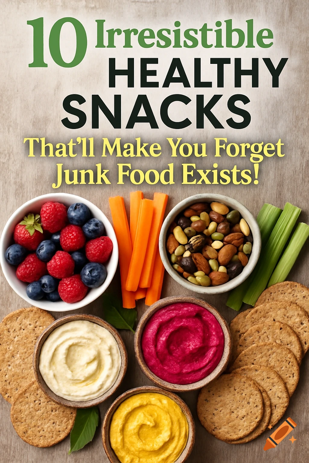 A top-down view of healthy snacks including berries, carrots, nuts, celery, dips, and crackers with a text overlay.