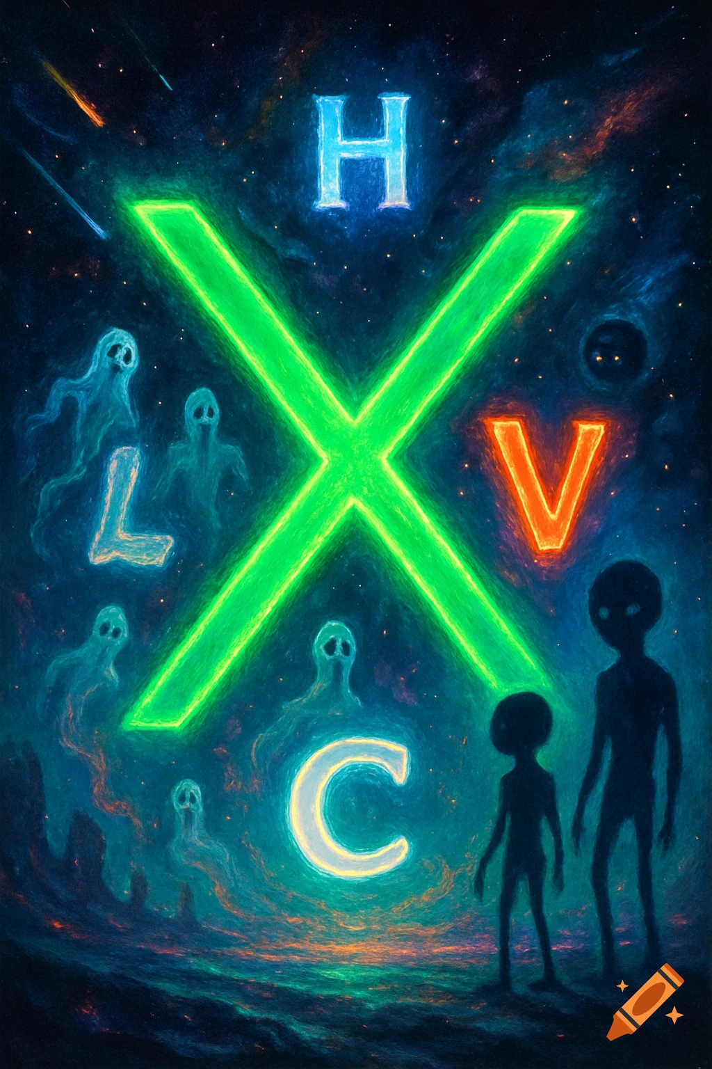 A neon green X surrounded by glowing letters H, L, V, C, with ghostly figures, dark alien silhouettes, and shooting stars in a vibrant cosmic sky.