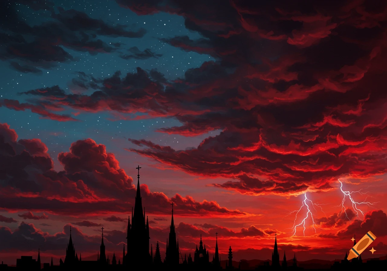 Dramatic red and black storm clouds with lightning over a silhouetted gothic city skyline at twilight, with stars visible in the blue part of the sky.