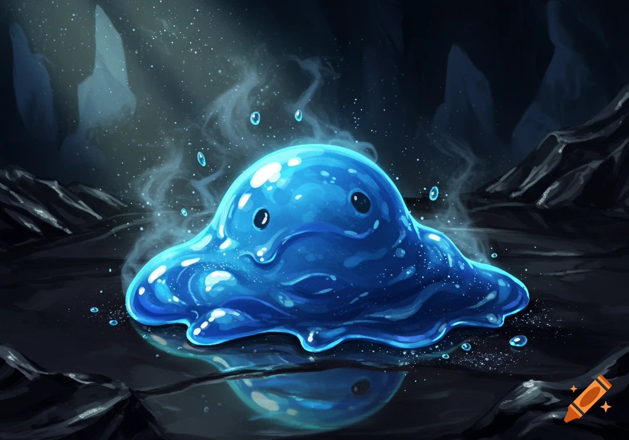 A cute, glossy blue slime creature with two eyes sits in a dark, misty cave environment, digital illustration.