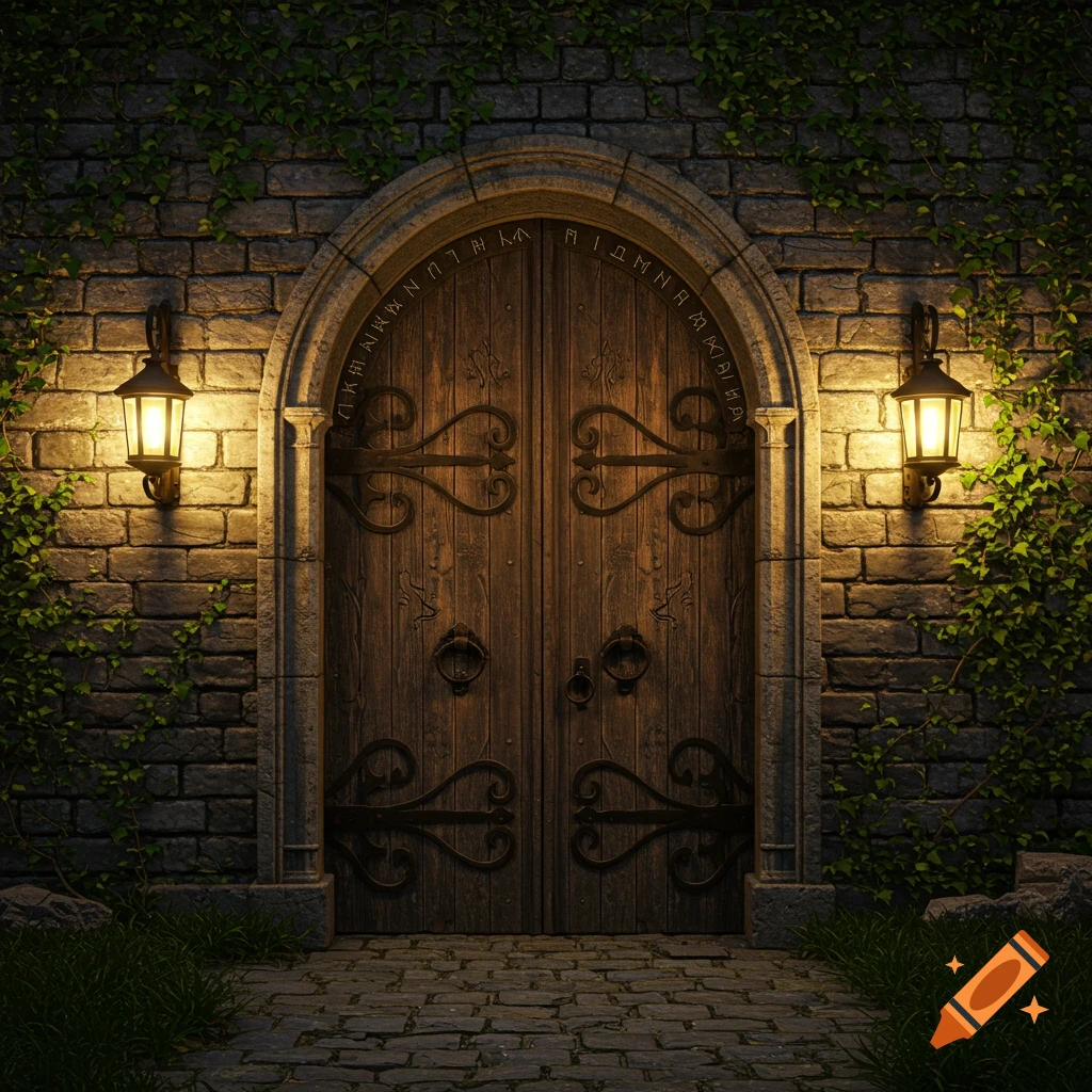 An arched, ornate wooden door with ironwork set into an old stone wall covered in ivy, flanked by two glowing lanterns.
