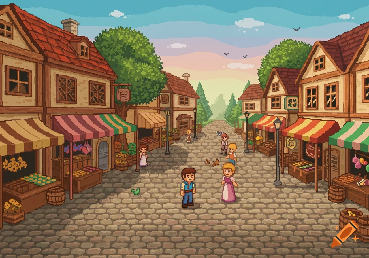Pixel art scene of a bustling medieval town street with shops, cobblestones, and villagers.
