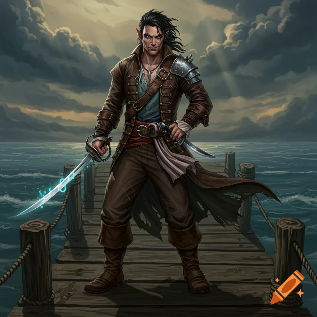 A confident half-elf pirate stands on a wooden dock, holding a glowing rapier and dagger, against a dramatic sea and sky.