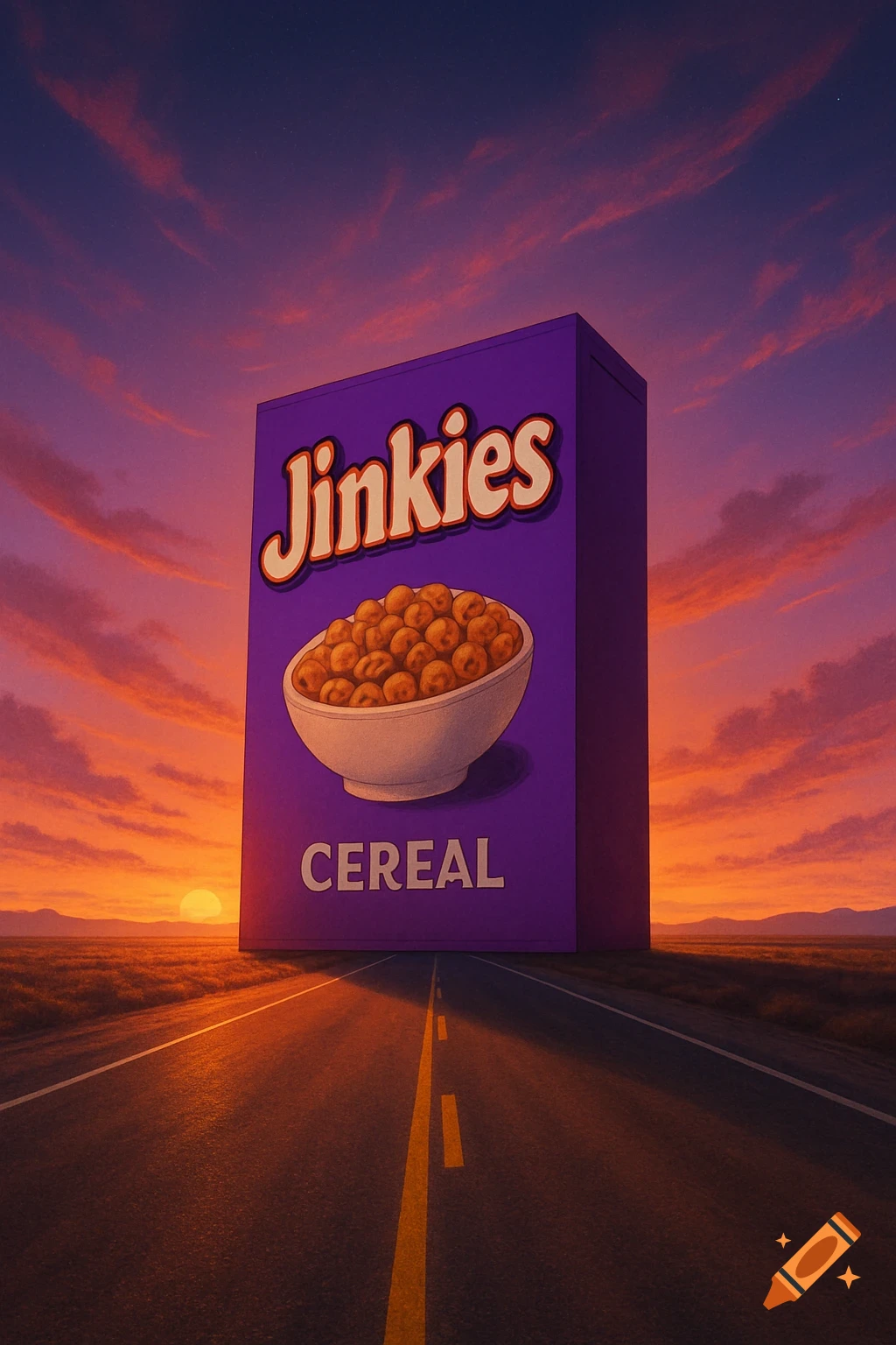 A giant purple cereal box labeled "Jinkies" and "CEREAL" stands on an empty highway at sunset, with a full bowl of cereal depicted on the front.