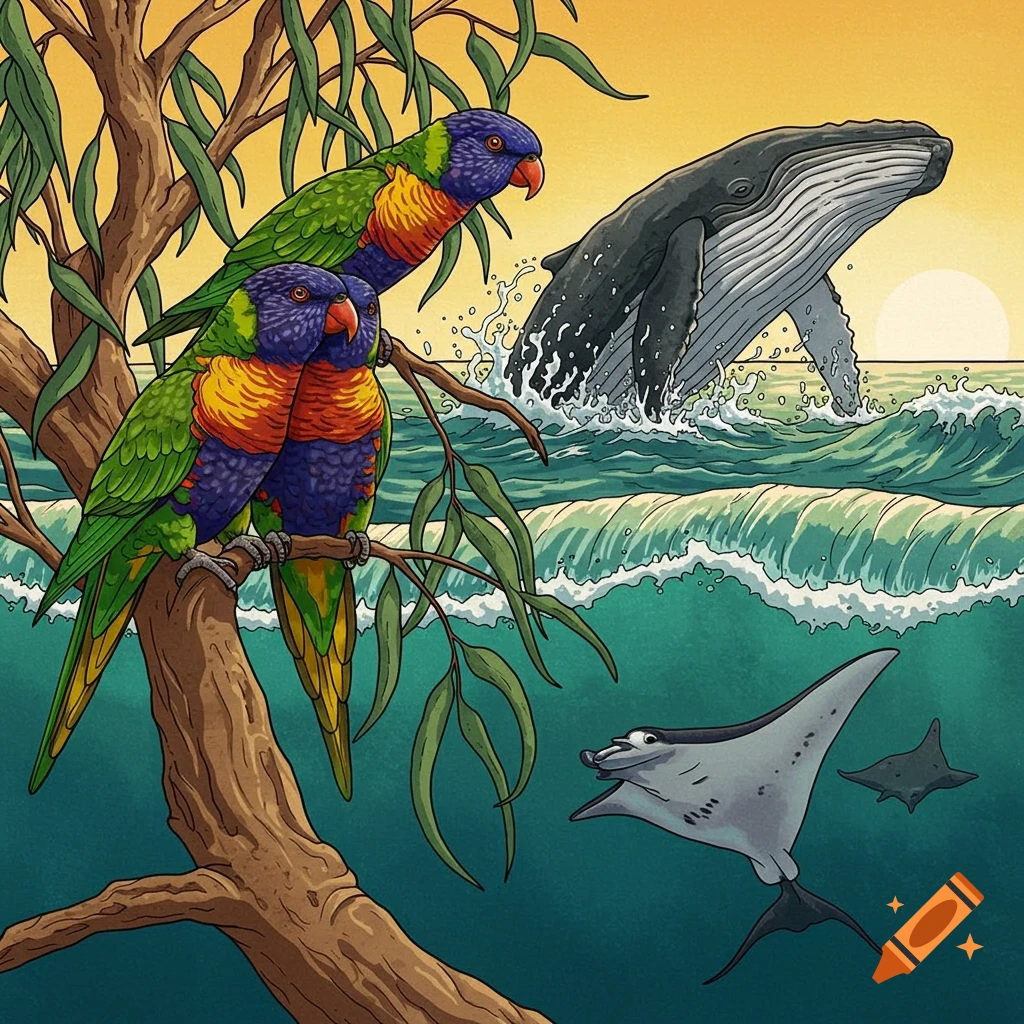 Two rainbow lorikeets on a tree, with a whale breaching in the ocean and a manta ray swimming, in a neo traditional illustration.