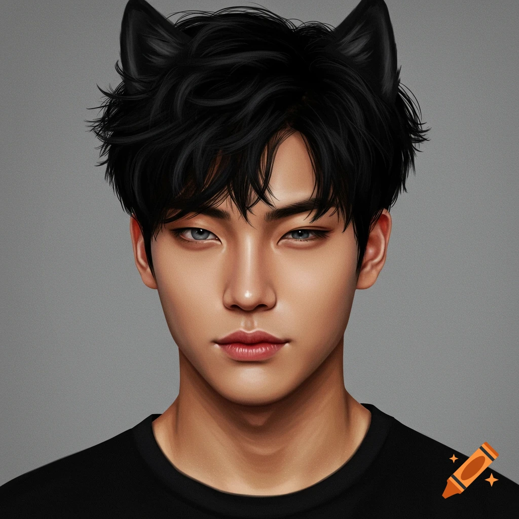 Close-up portrait of a realistic Korean male with black wolfcut hair, grey eyes, and black cat ears, wearing a black shirt.