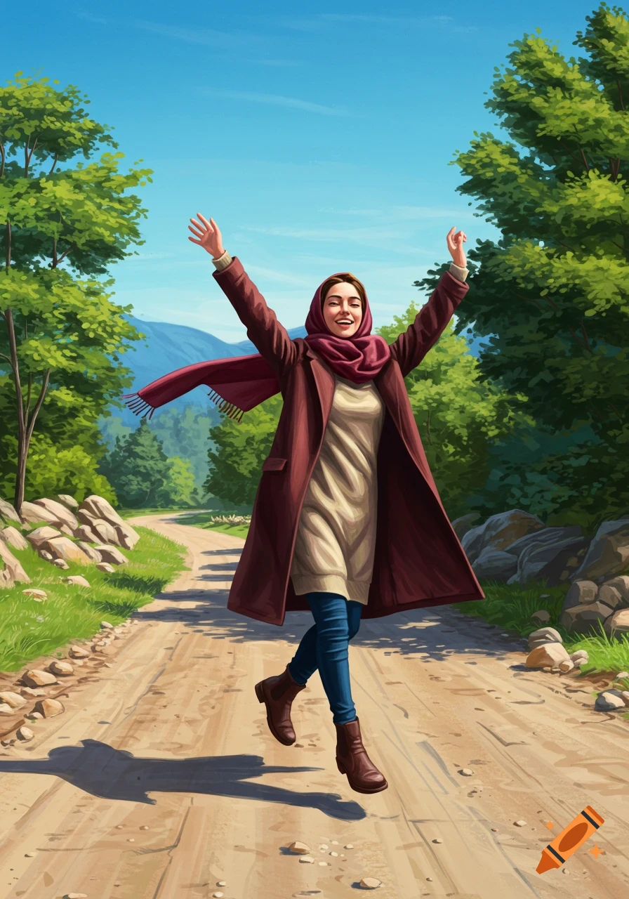An illustrative image of a joyful woman in a hijab and coat dancing with arms raised on a dirt road lined with trees under a blue sky.