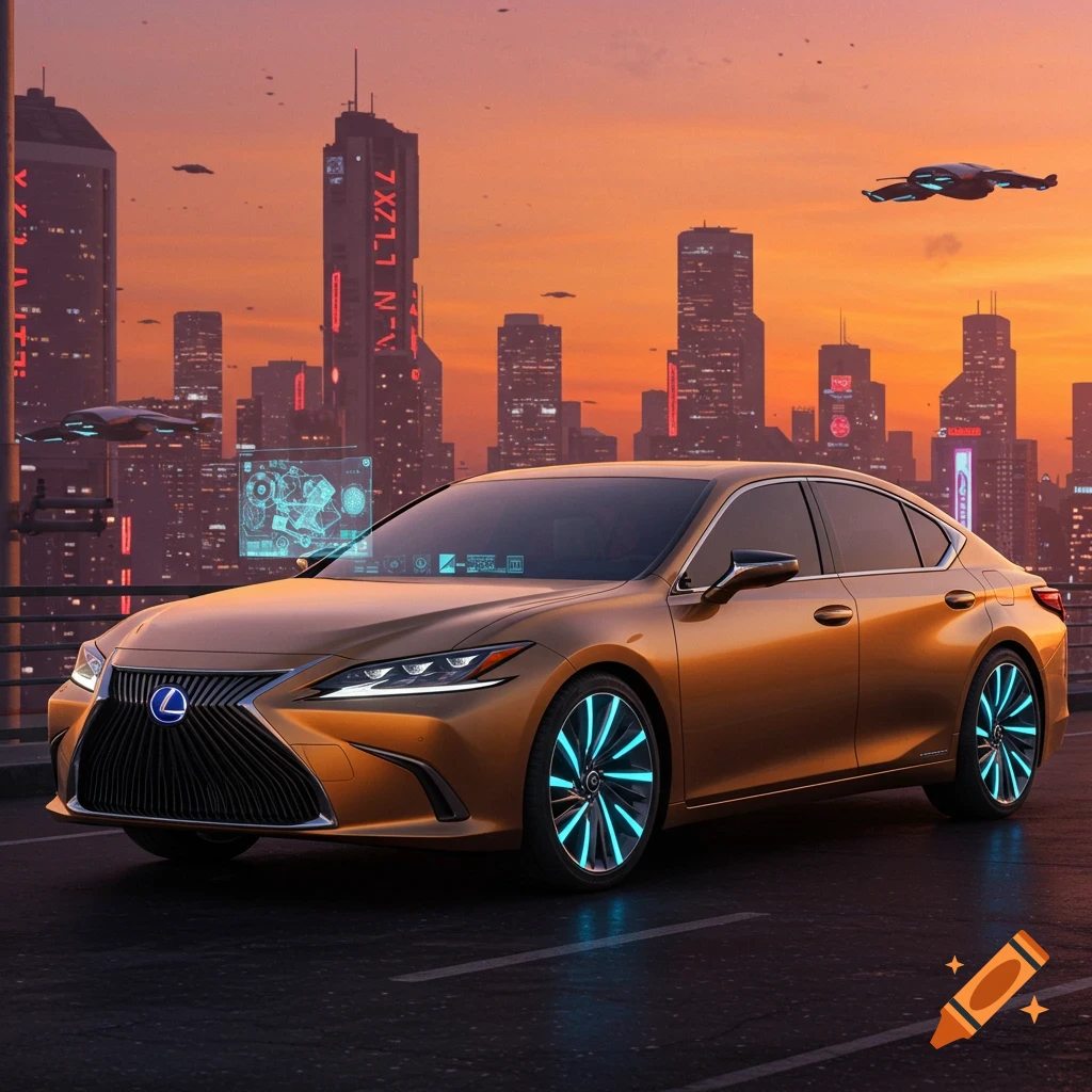 Gold Lexus sedan with glowing blue wheels and HUD, parked in a futuristic city with flying vehicles at sunset.