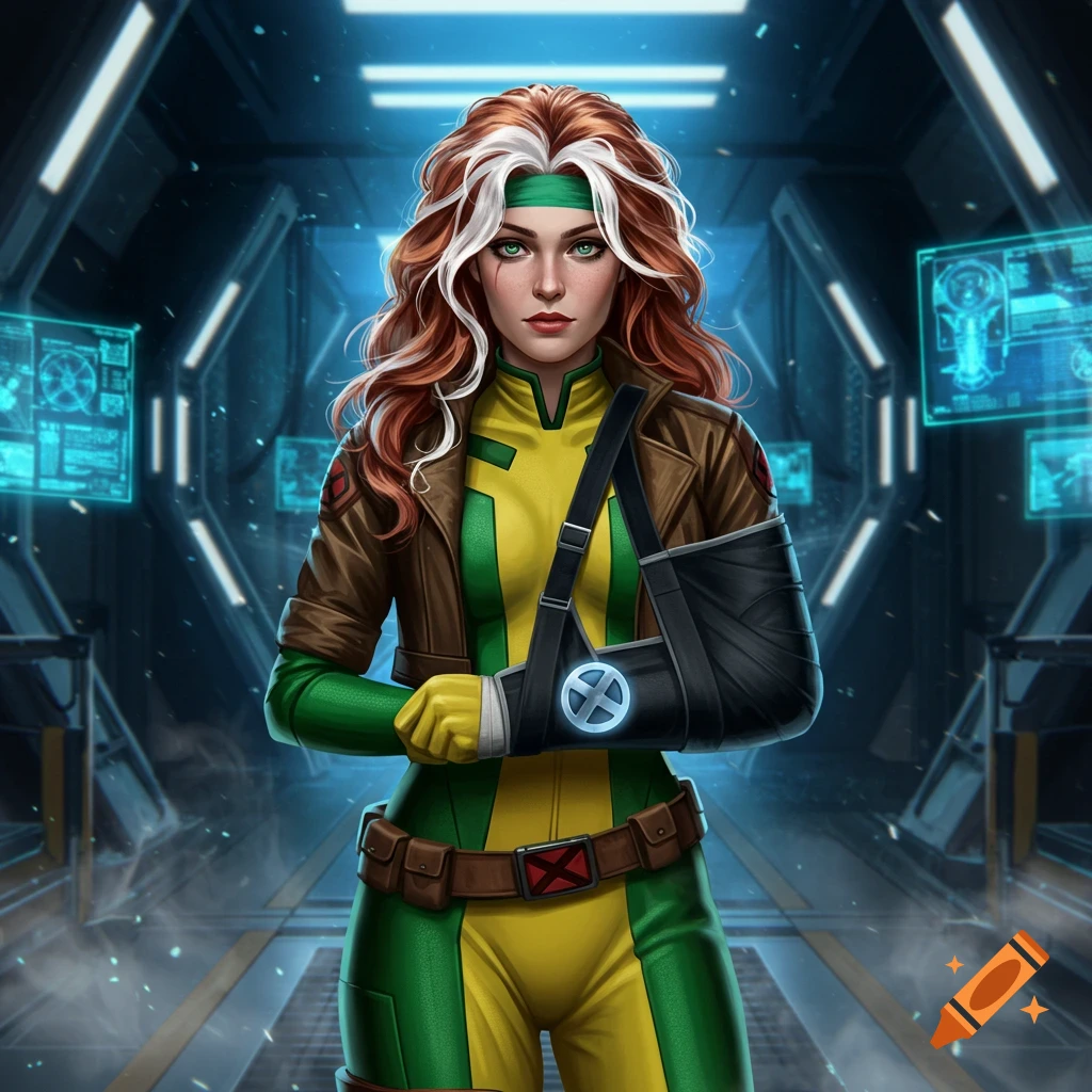 Rogue from X-Men, with an arm in a sling, stands in a futuristic, dimly lit corridor in a comic book art style.