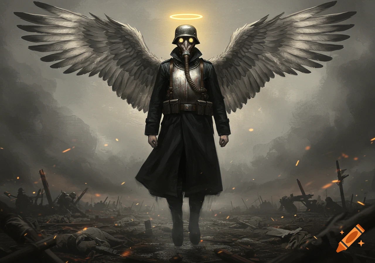 A levitating soldier with angel wings, gas mask, German helmet, trenchcoat, and halo over a desolate, smoky battlefield.