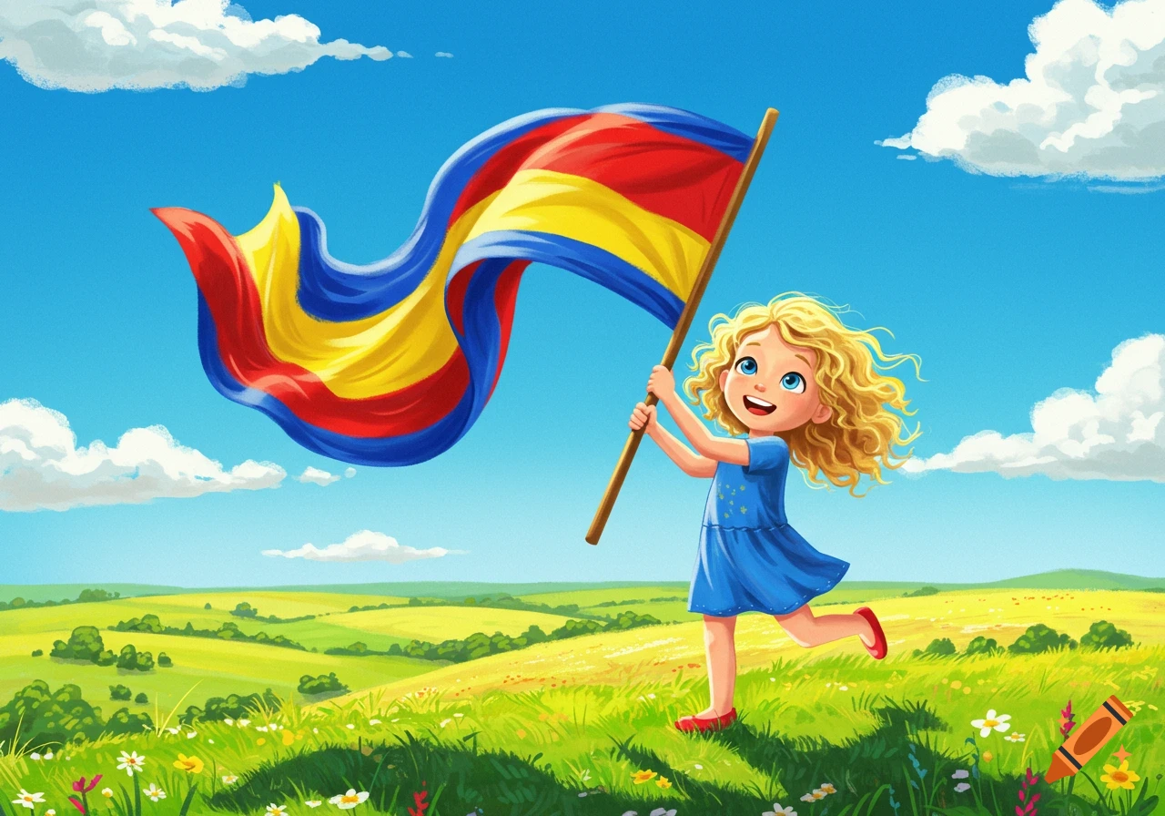 A happy blonde cartoon girl runs through a vibrant green field, holding a flowing red, yellow, and blue flag under a blue sky.