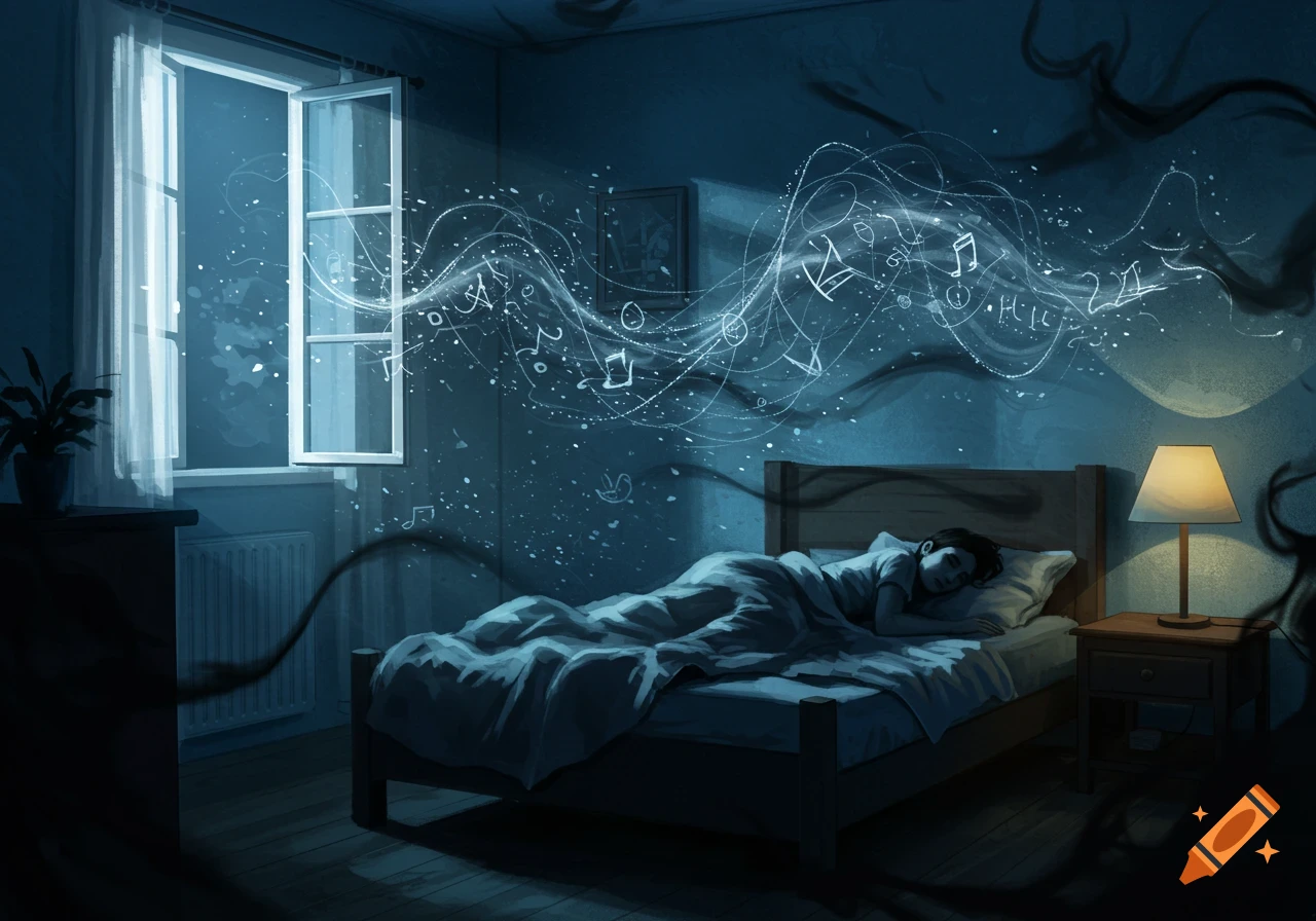 A person sleeps in a dark bedroom, with glowing musical notes and dark wisps swirling above their bed, depicting insomnia.