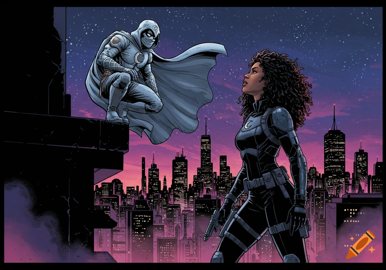 Moon Knight on a rooftop looking at a woman in a black suit, crescent moon symbol, city skyline at dusk, comic style.