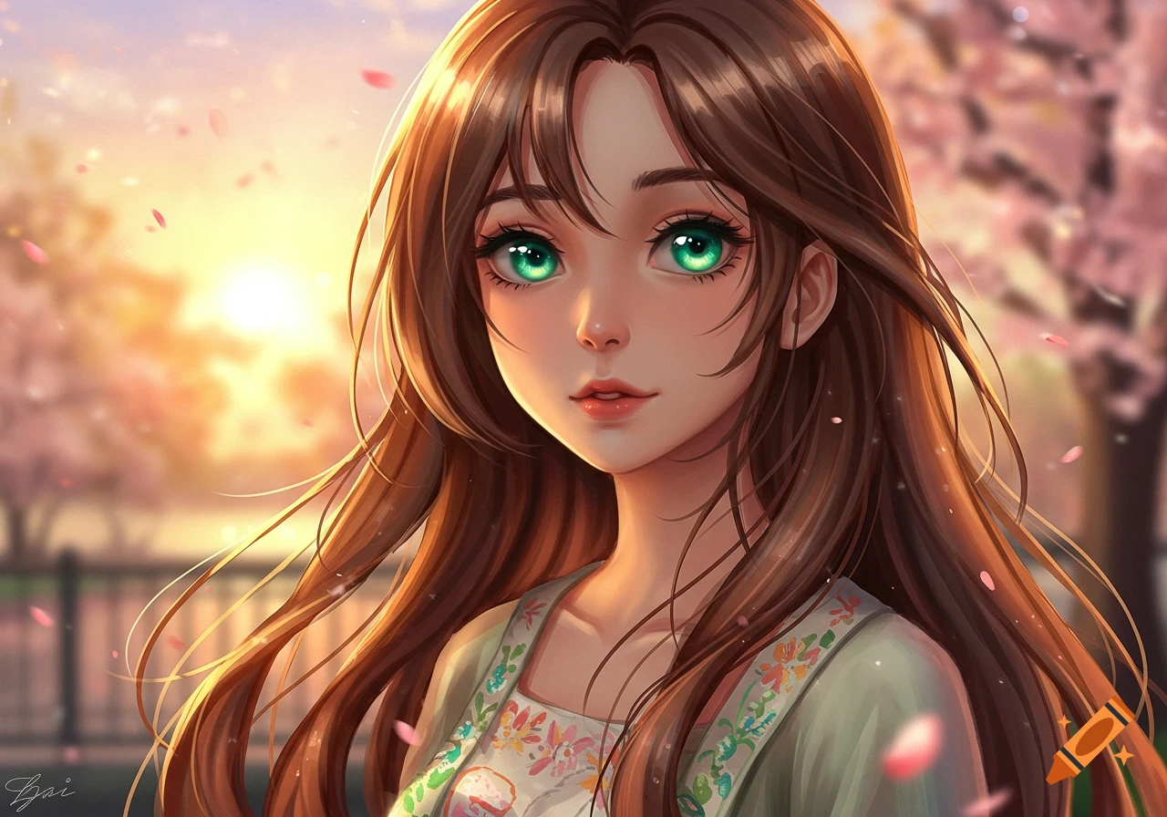 An anime girl with long brown hair and vibrant green eyes in a floral top, against a soft sunset background with cherry blossoms.