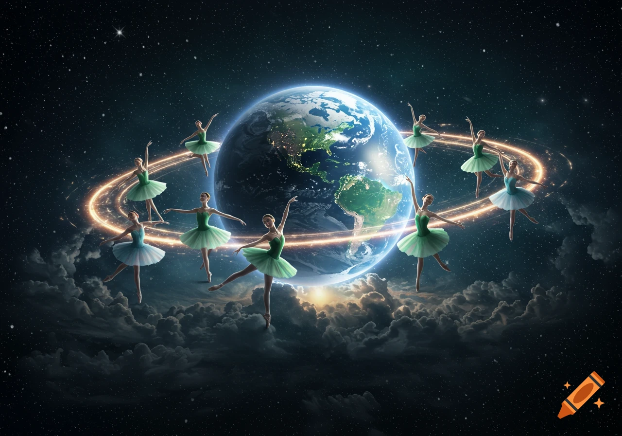 Nine ballerinas in green and blue tutus dance in elegant poses around a glowing Earth, surrounded by stars and clouds in space.