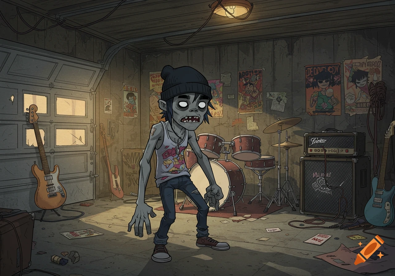 A grey-skinned zombie-like character with a black beanie and tank top stands in a grunge garage with band instruments in Gorillaz art style.