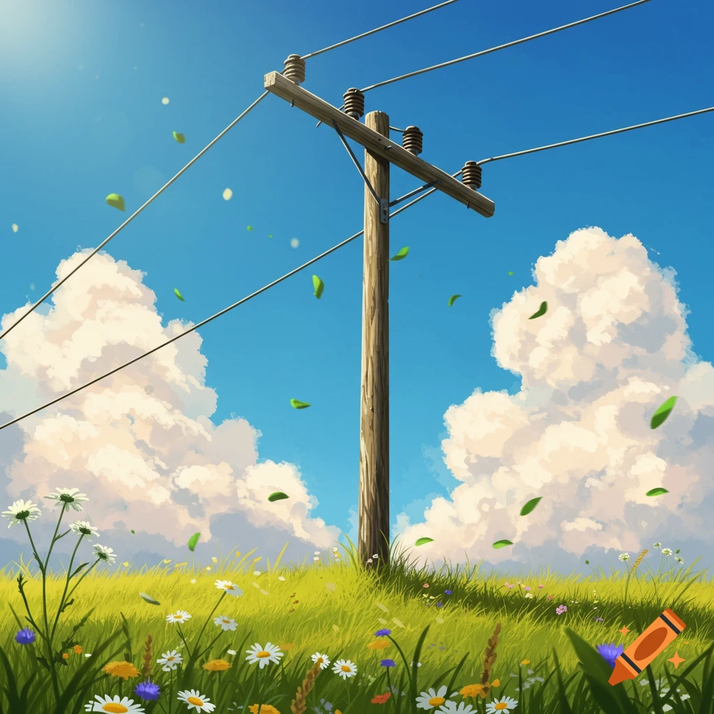 An illustration of a wooden power pole in a sunny green field with wildflowers, fluffy clouds, and falling leaves.