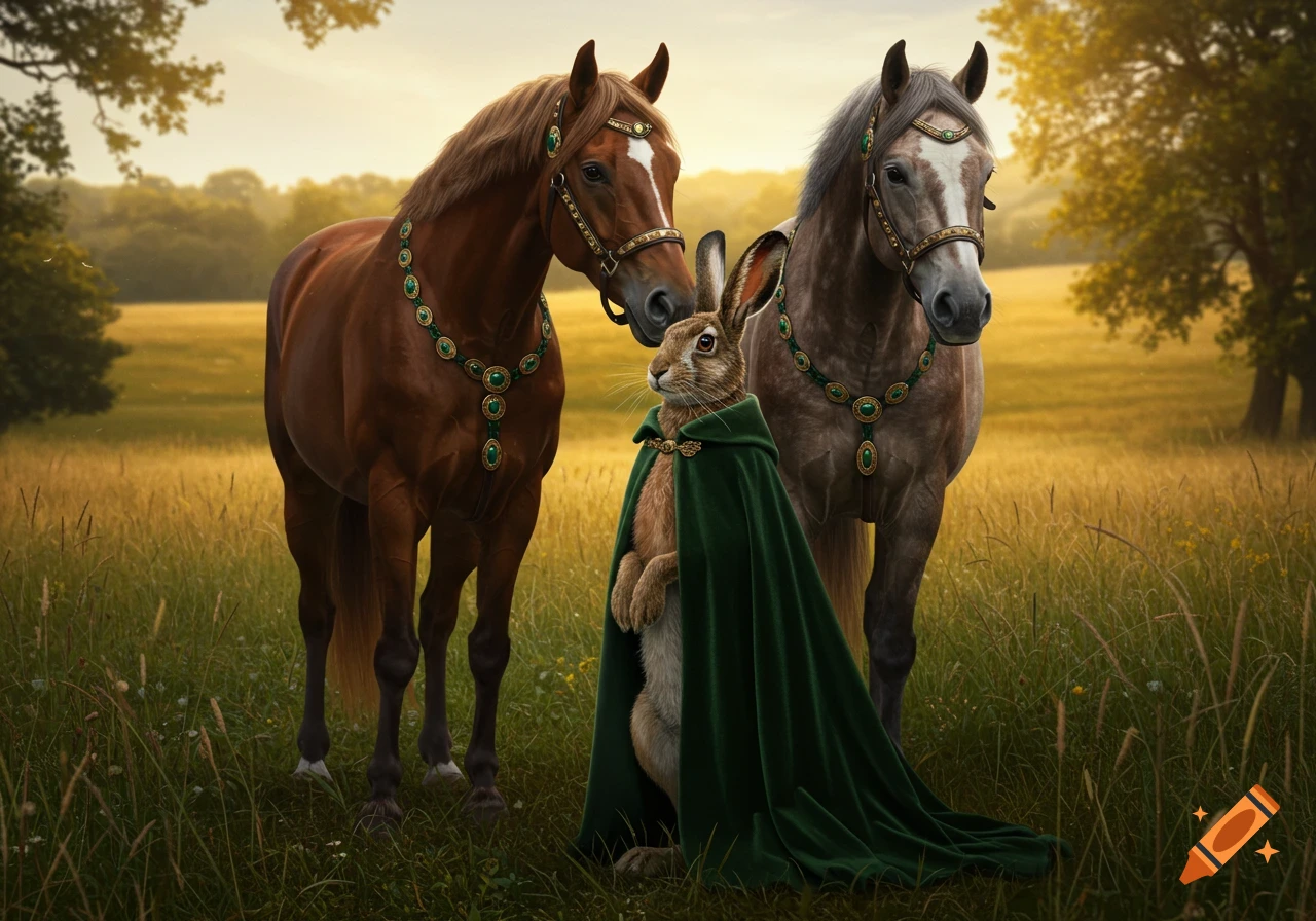 A rabbit in a green cape stands between two elaborately saddled horses in a golden field under a bright sky.