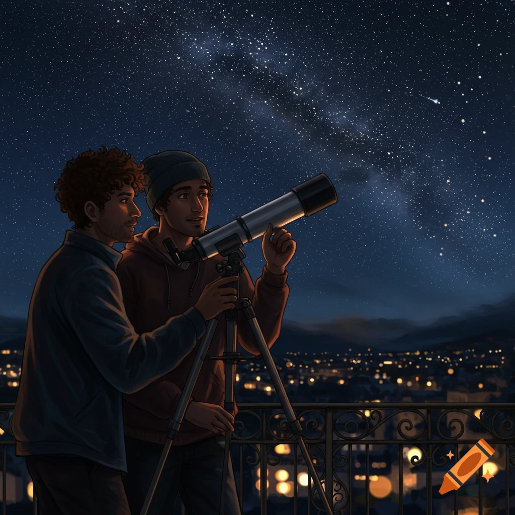 Two men stargazing with a telescope from a balcony at night, overlooking a city skyline, in an illustrative style.