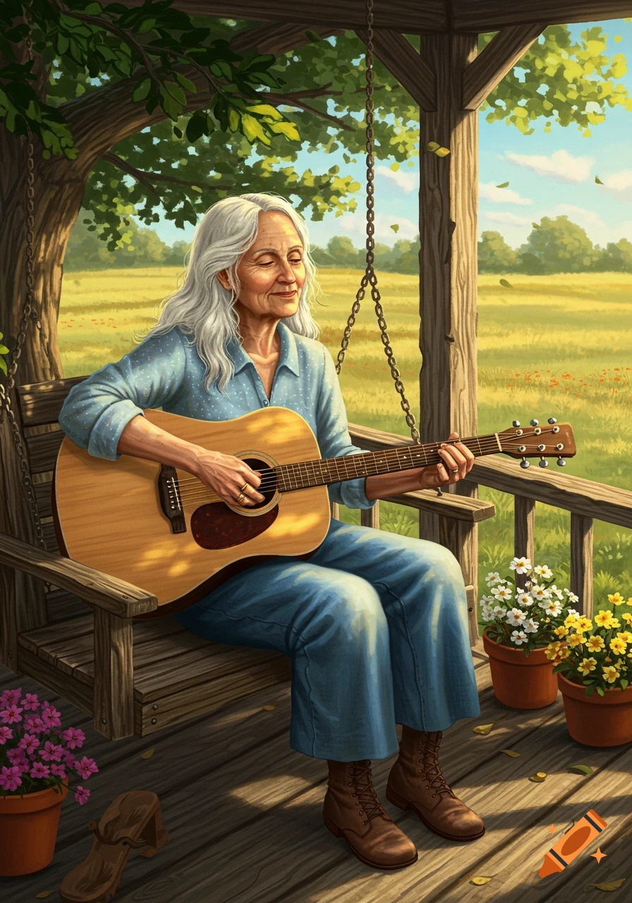An old woman with white hair sits on a wooden porch swing, playing an acoustic guitar and smiling in a serene countryside illustration.