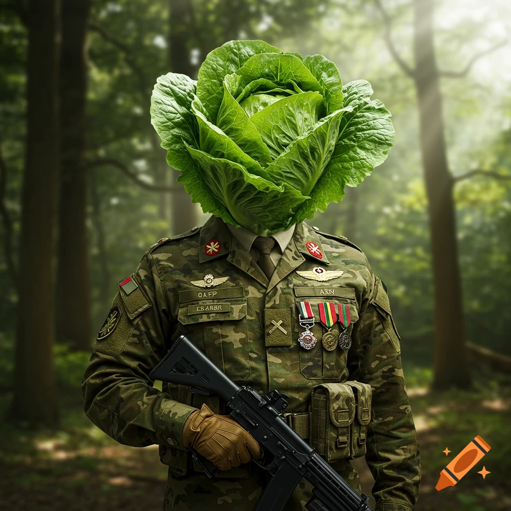A photorealistic image of a soldier in camouflage combat gear with a head of lettuce in a forest.