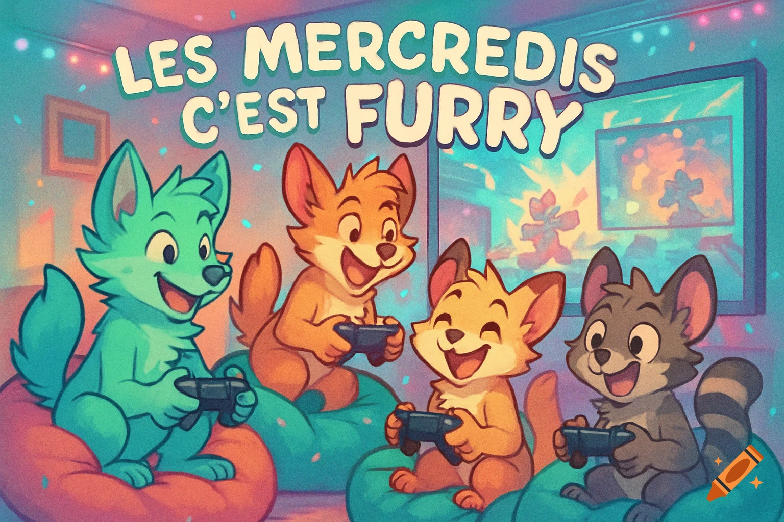 Four cute cartoon furries (dog, foxes, raccoon) playing video games on bean bags, with 'LES MERCREDIS C'EST FURRY' text.