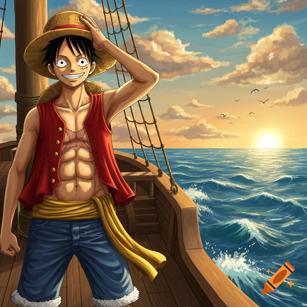 Anime character Monkey D. Luffy on a pirate ship at sunset, hand on his straw hat, looking at the ocean.