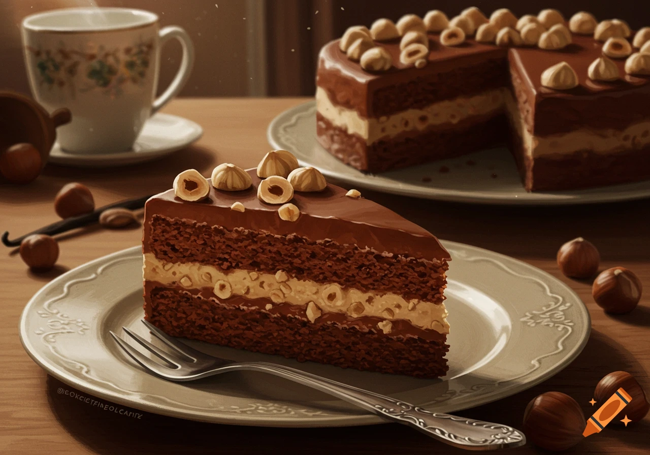 A photorealistic still life of a chocolate hazelnut cake slice on a plate with a fork, a whole cake, and a steaming cup.
