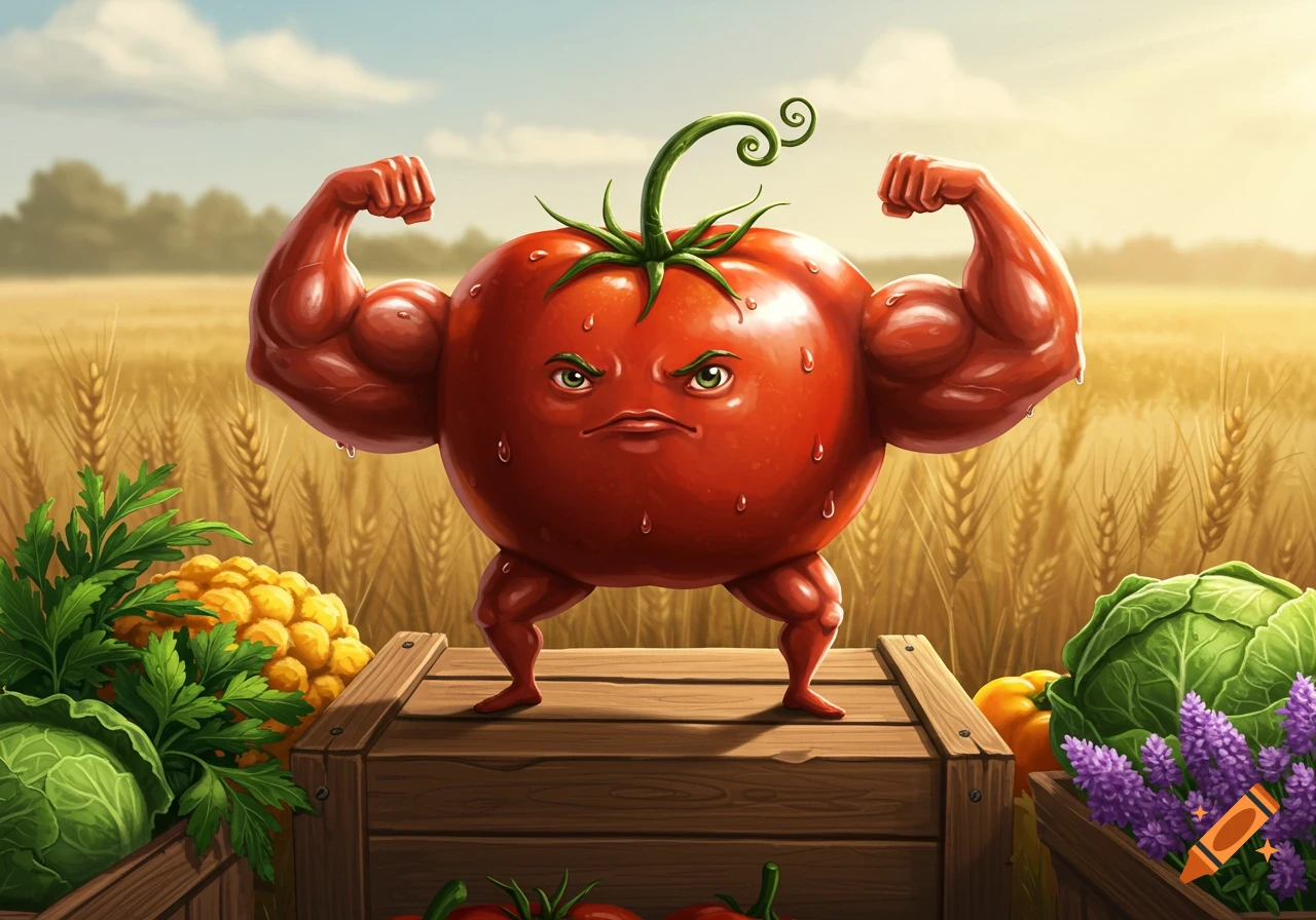 A muscular, angry-faced cartoon tomato flexing on a wooden crate in a wheat field, surrounded by other vegetables.