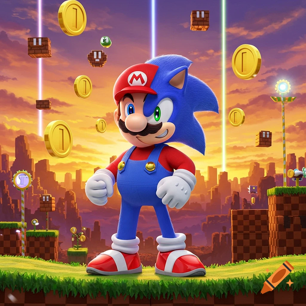 A cartoon character, a fusion of Mario and Sonic the Hedgehog, stands in a vibrant video game world with floating coins and blocks against a sunset cityscape.