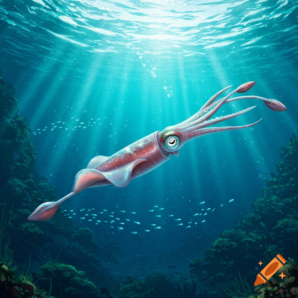 A whimsical, cartoon-style squid with a friendly expression swims in sunlit blue ocean waters above coral reefs and small fish.