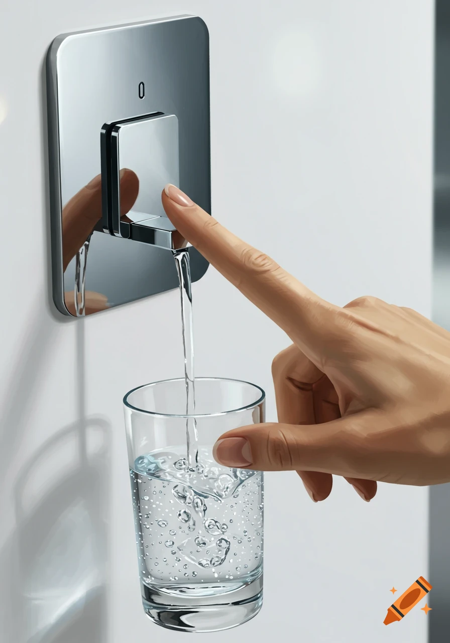 A hand presses a sleek, modern water dispenser button, filling a glass with clear water.