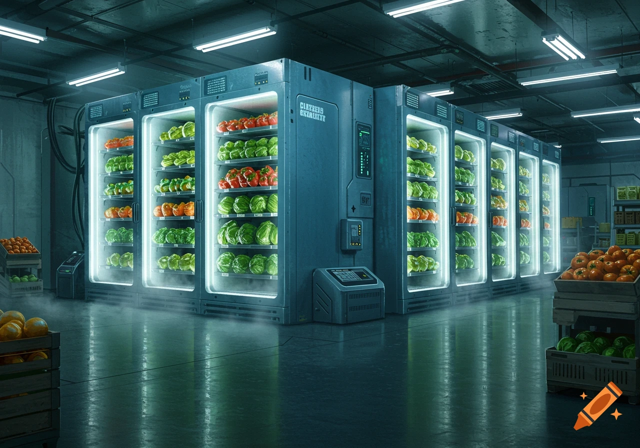 A futuristic refrigerated warehouse with glowing shelves displaying fresh vegetables and crates of produce on the floor.