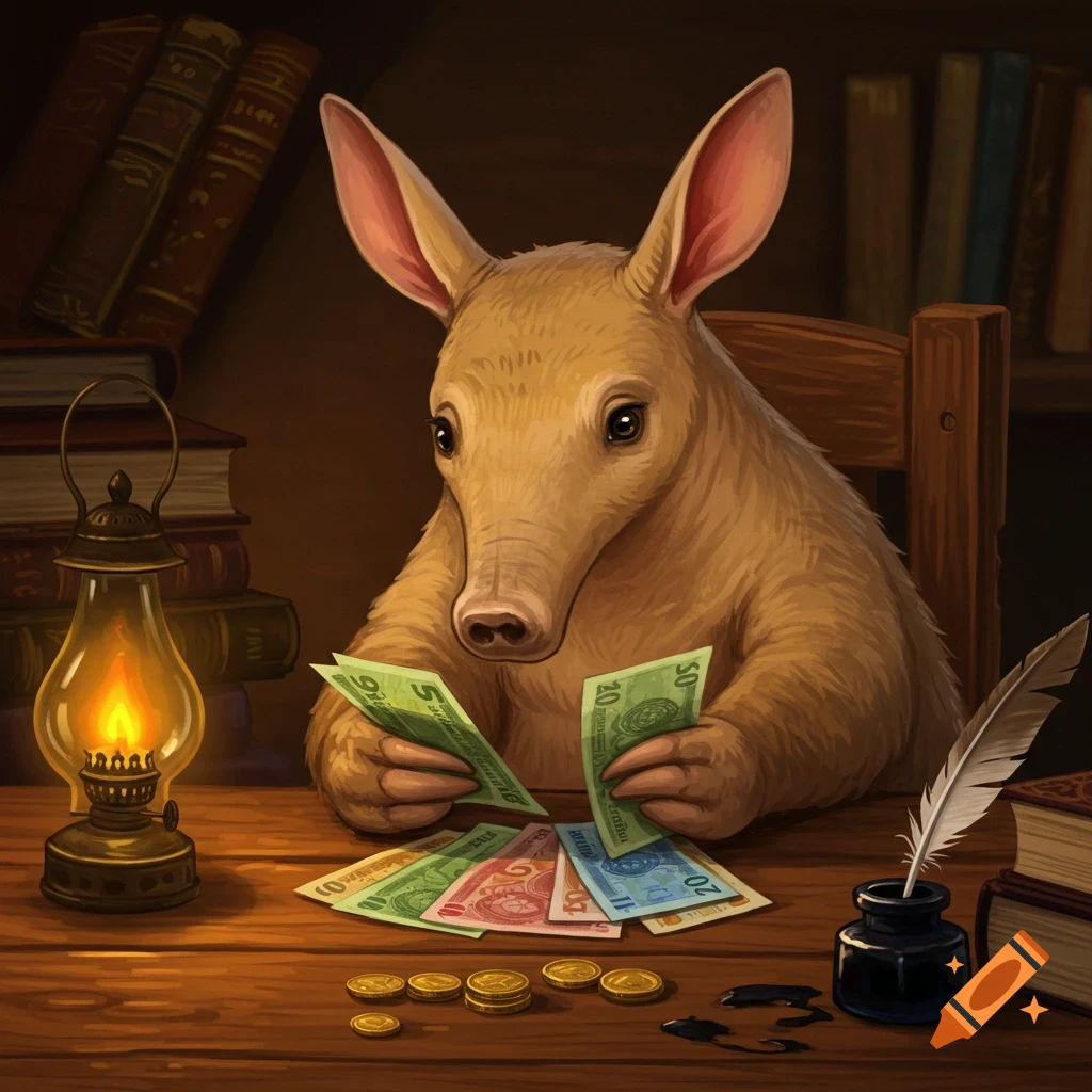An aardvark with human-like hands sits at a wooden table, counting colorful banknotes and gold coins by the light of an oil lantern. Old books line shelves in the background.