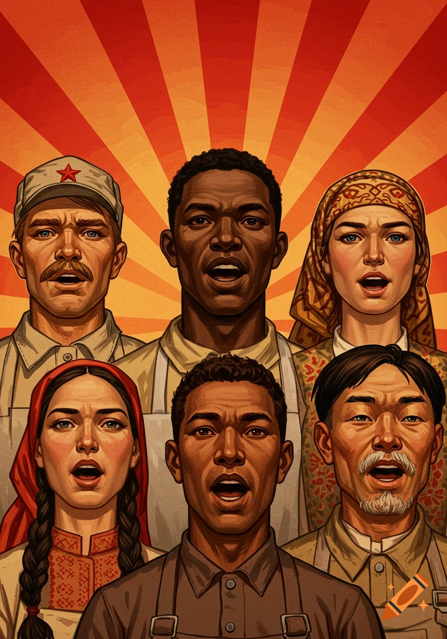 Six ethnically diverse workers singing, rendered in a Soviet-era propaganda poster style with a red and orange sunburst background.