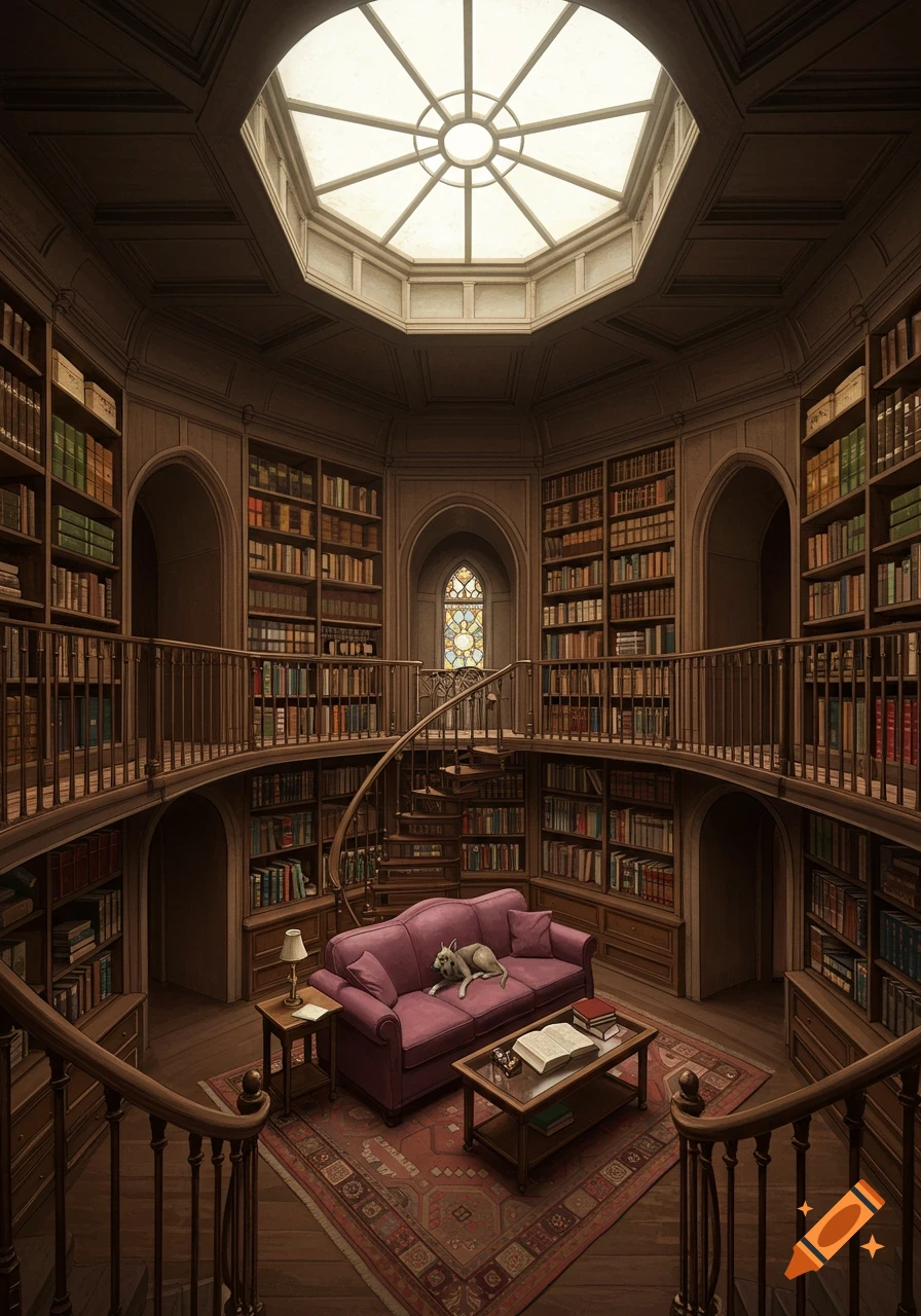 A grand two-story library with a large skylight, spiral staircase, a purple sofa with a dog, and walls filled with books.