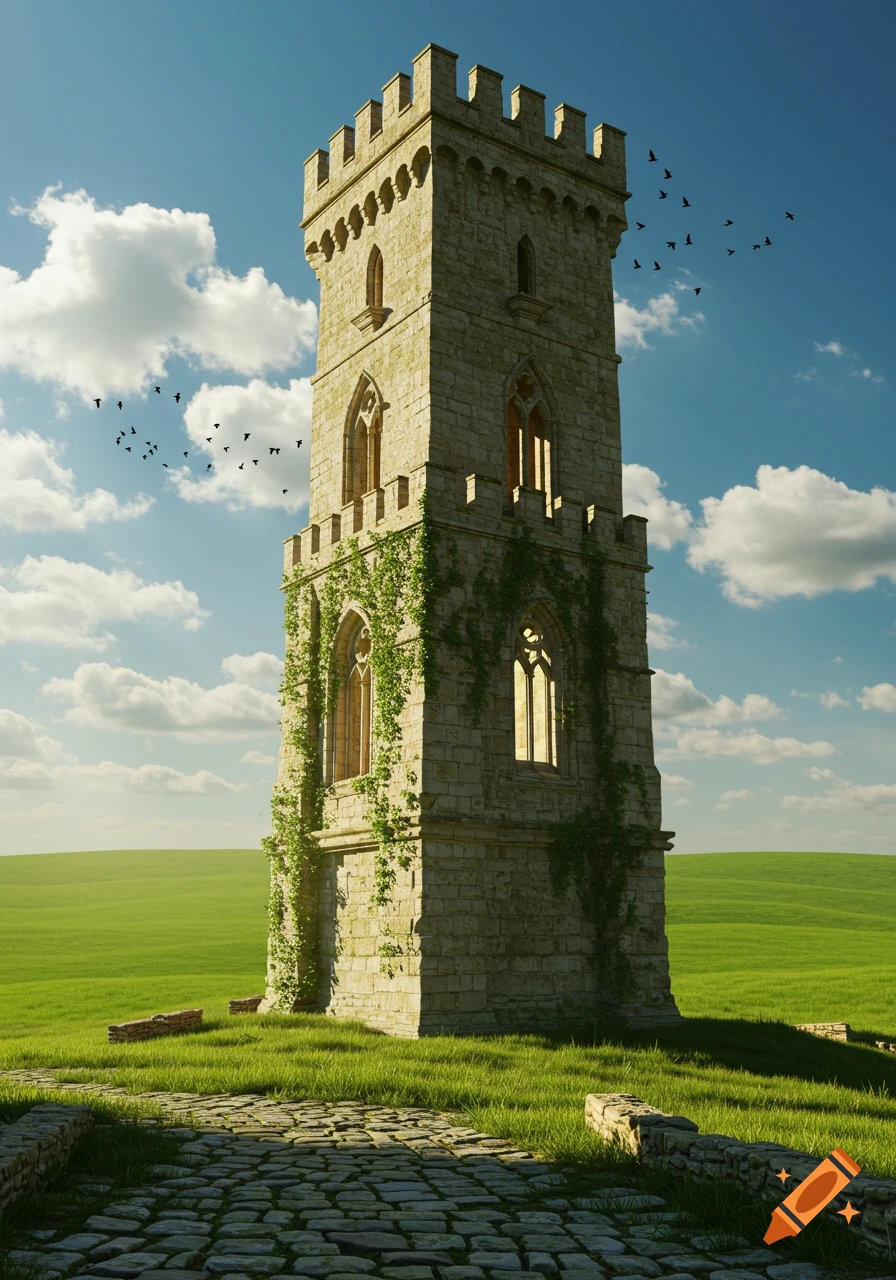 A tall, ornate stone tower with ivy stands in a green field under a blue sky with white clouds; a cobblestone path leads to it.