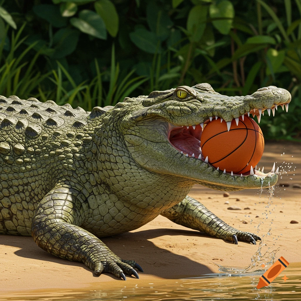A photorealistic crocodile with its mouth open, holding an orange basketball between its jaws at the edge of a body of water.