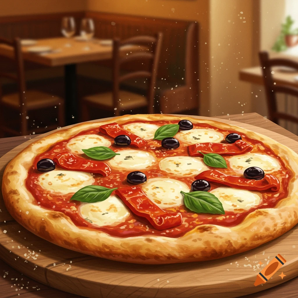 A close-up of a delicious pizza with mozzarella, tomatoes, olives, and basil leaves on a wooden board in a blurred restaurant setting.