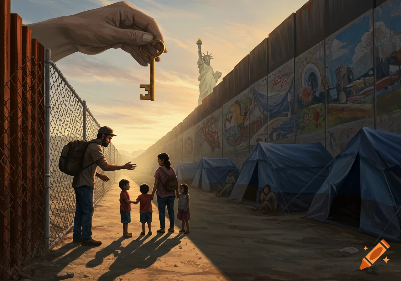 Digital painting: Family at a border fence by refugee tents & mural wall. Giant hand offers key, Statue of Liberty distant.