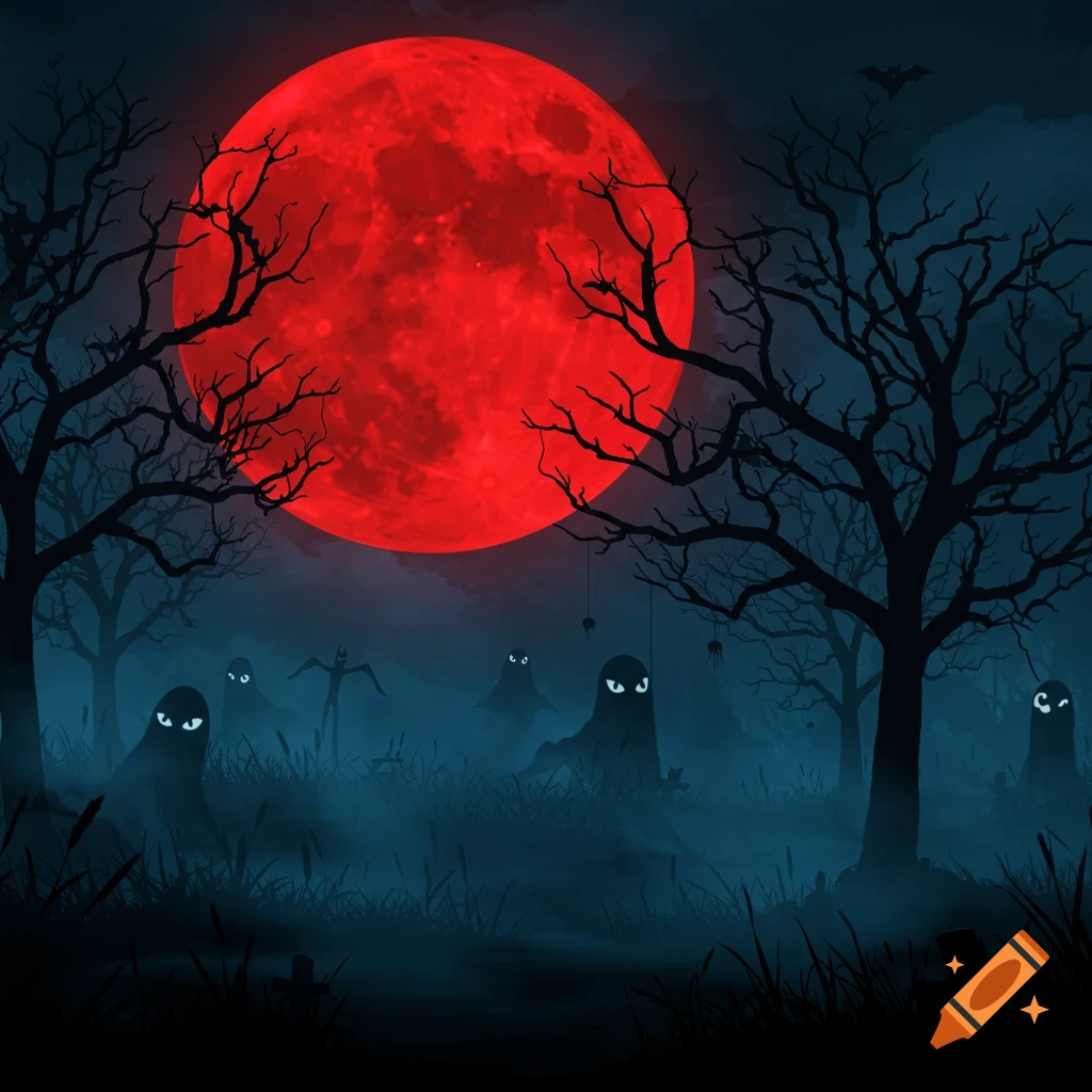 A spooky Halloween illustration of a misty forest at night with bare trees, ghost-like figures with glowing eyes, and a large red moon.