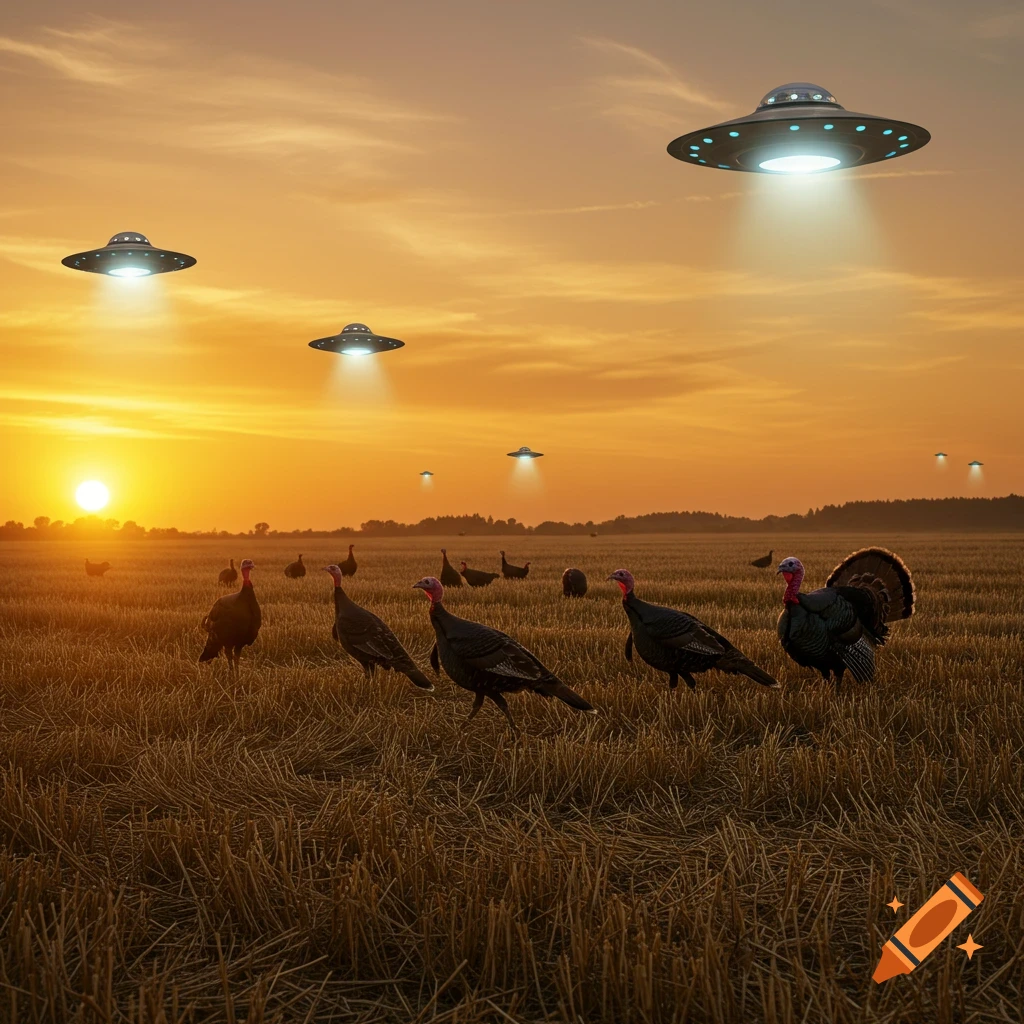 Several turkeys stand in a golden field under a vibrant sunset as multiple UFOs hover in the sky, emitting beams of light.